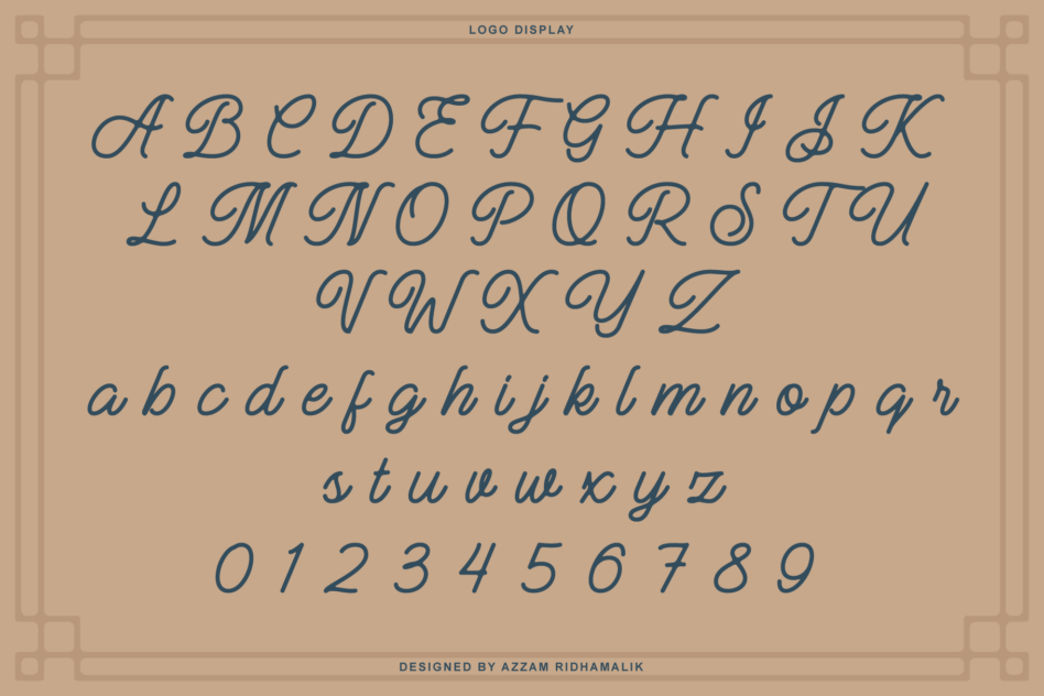 Complete alphabet uppercase lowercase numbers in blue italic script typeface