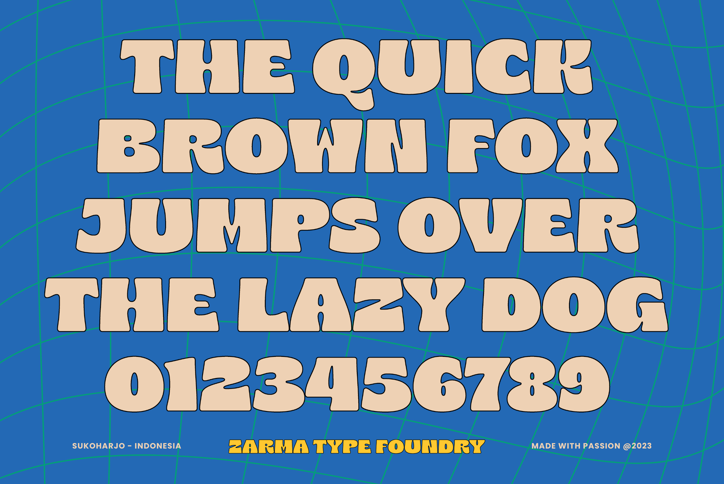 Cream serif typeface sample on blue grid showing bold condensed letterforms