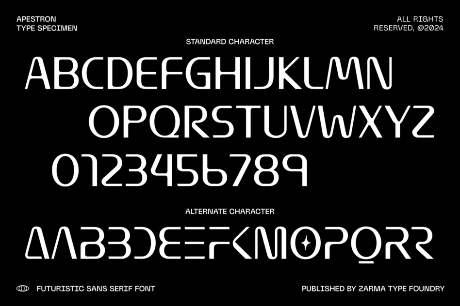 Futuristic sans serif font displaying uppercase alphabet and numbers on black. Alternate characters shown. Ideal for graphic design templates.