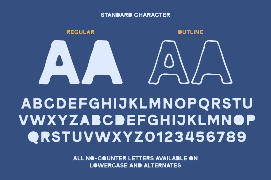 Standard Character font display with regular outline versions uppercase letters numbers