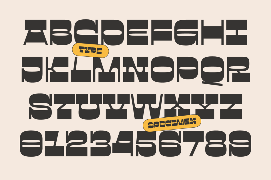 Abboefshe type specimen with yellow badge labels, bold display font