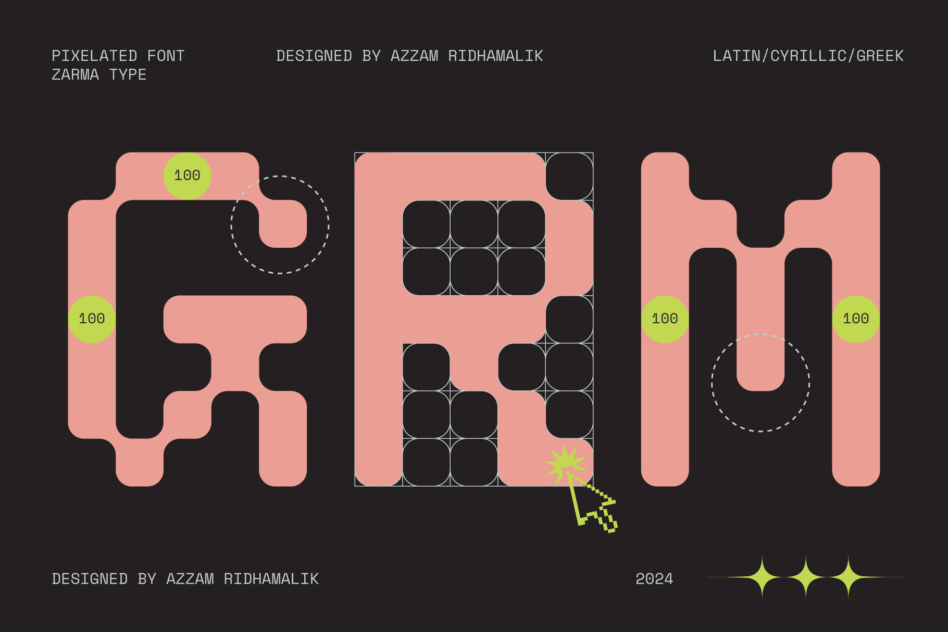 Monospace pixel font letters with measurement guides, isometric design elements