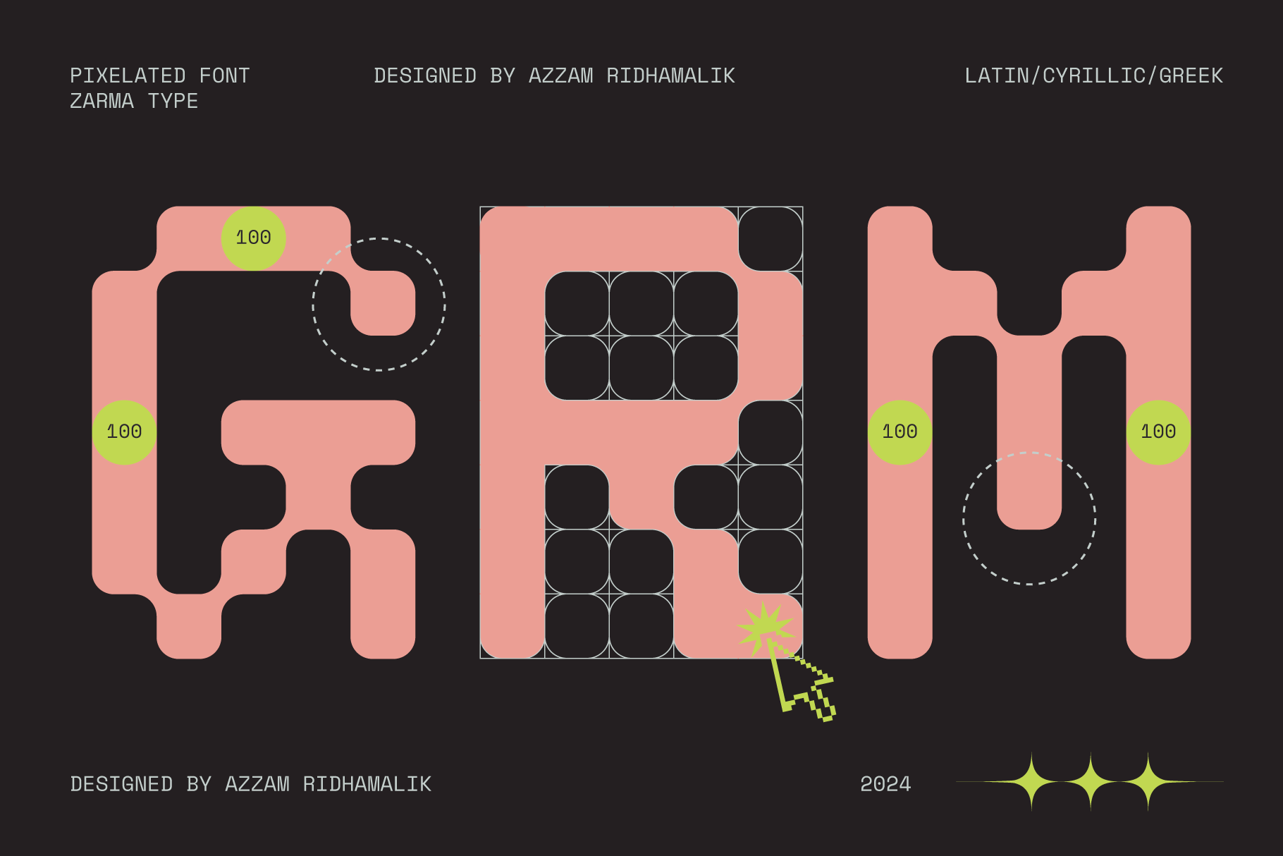 Monospace pixel font letters with measurement guides, isometric design elements