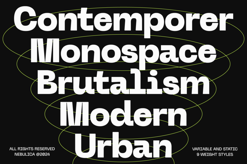 Bold modern font graphic showcasing contemporary monospaced design with brutalist and urban styles. Ideal for designers seeking unique typography assets.