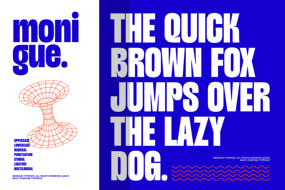Monique typeface sample with blue background showing serif font variations in multiple sizes