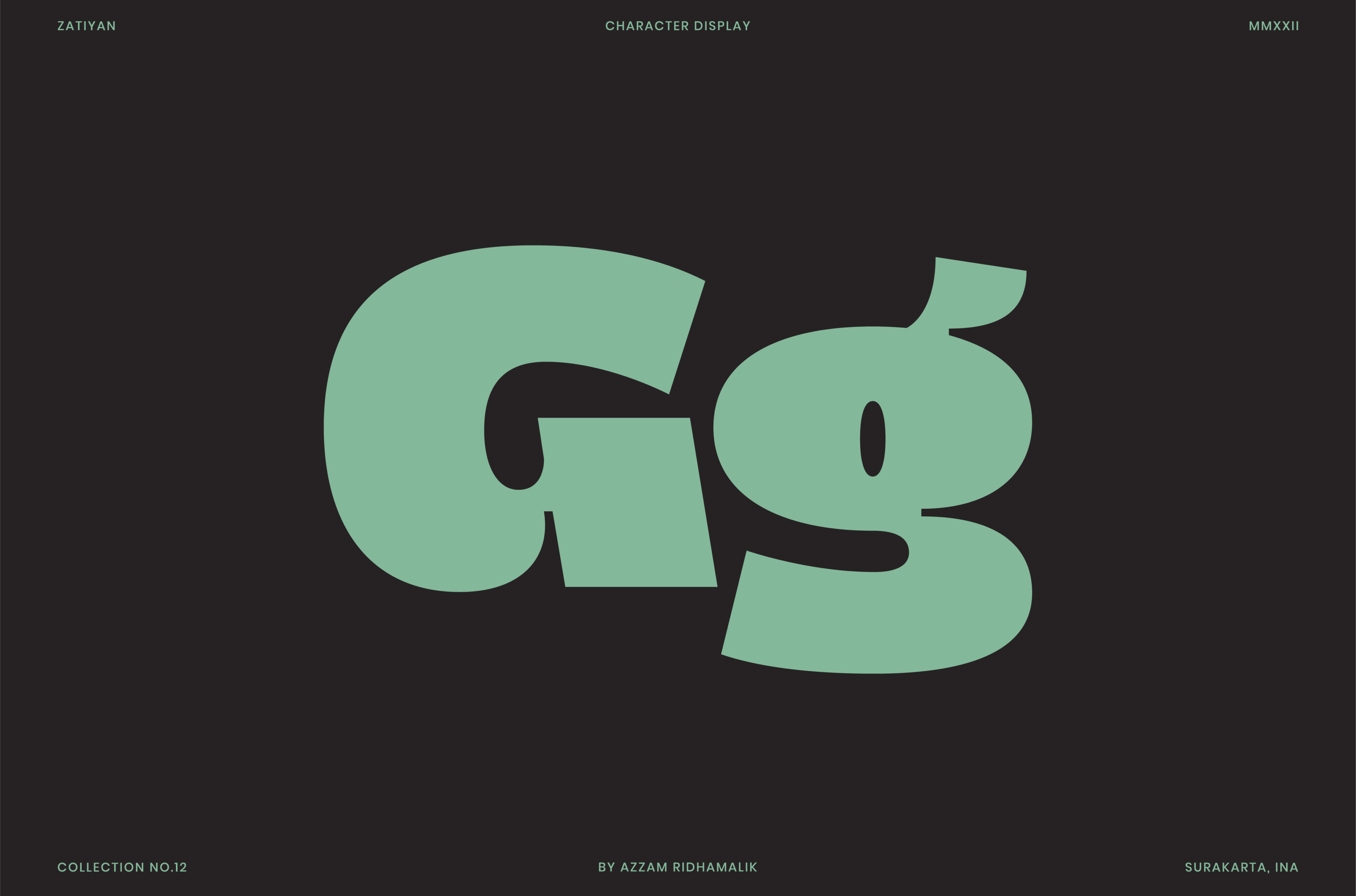 Large mint letter forms of Zatiyan font displayed on dark background