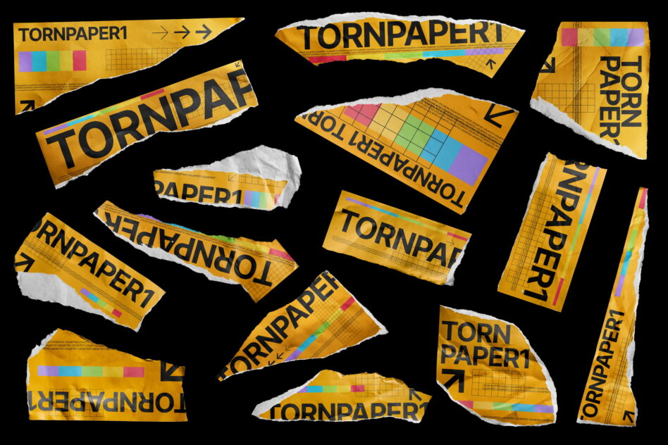 Multiple scattered torn yellow paper pieces with rainbow grid pattern against black