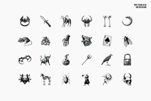 Vector graphics collection featuring 24 dark-themed illustrations including animals, insects and medieval items. Perfect for design templates and mockups.
