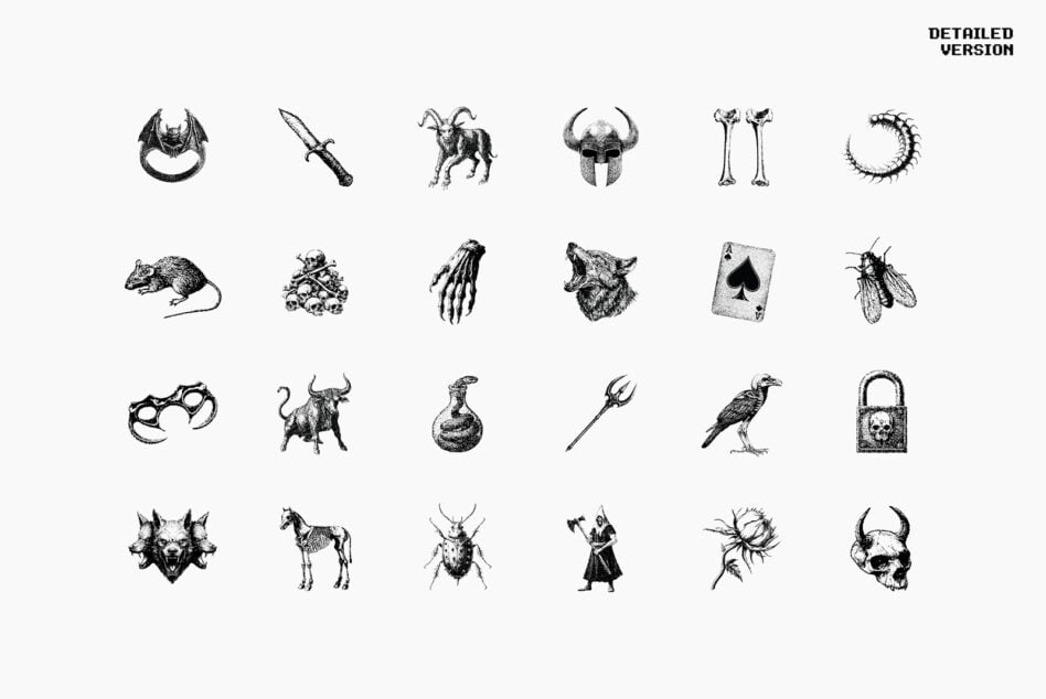Grid of 24 dark gothic illustrations including demons, weapons, skulls, insects