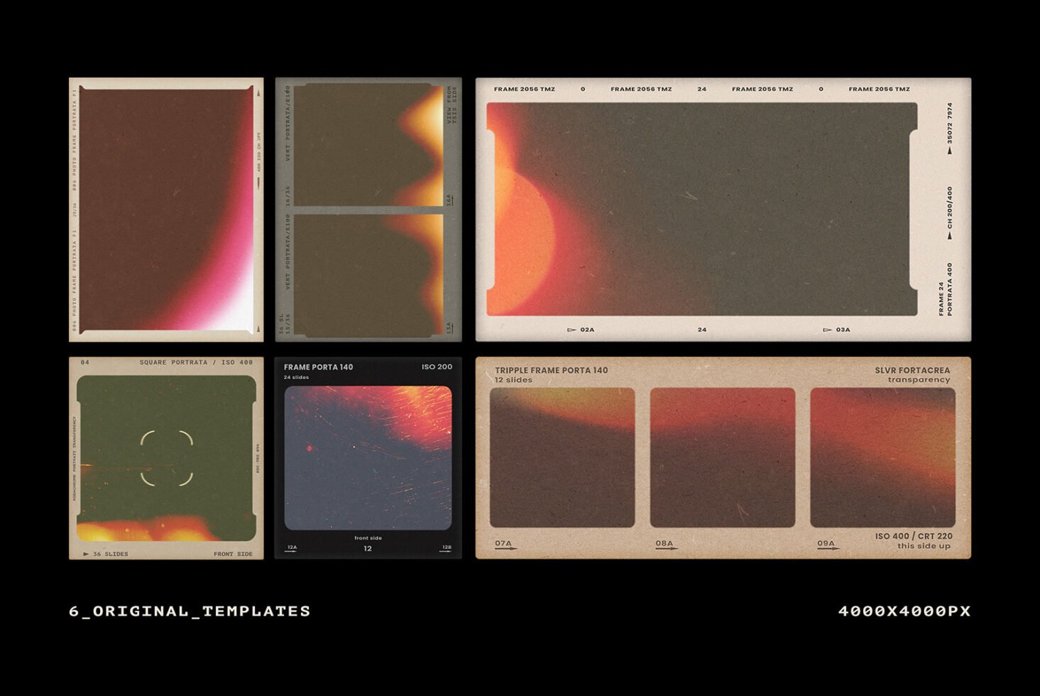 Vintage film frame templates with light leaks and grain textures. Perfect for design projects, mockups, and digital graphics. High-quality asset.