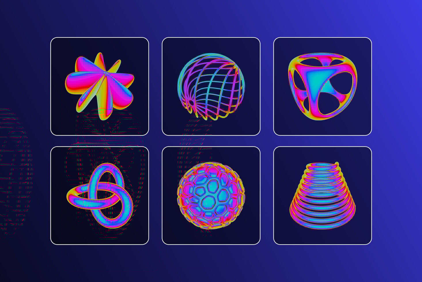 Set of six colorful 3D geometric shapes on a blue background. Perfect for digital art, futuristic design, abstract graphics, and vibrant templates.