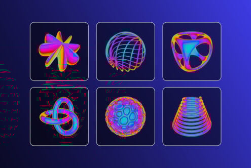Set of six colorful 3D geometric shapes on a blue background. Perfect for digital art, futuristic design, abstract graphics, and vibrant templates.