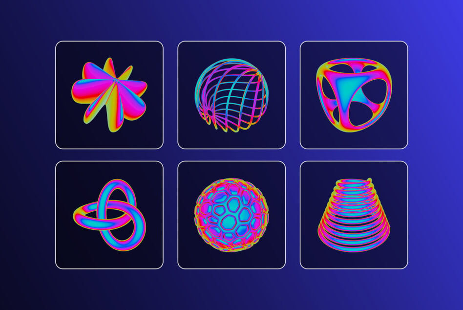 6 colorful 3D abstract forms with glowing neon gradients on blue