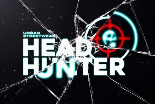 Urban streetwear design with bold text Head Hunter and shattered glass effect. Ideal for graphic templates, aesthetic fonts, and fashion mockups.