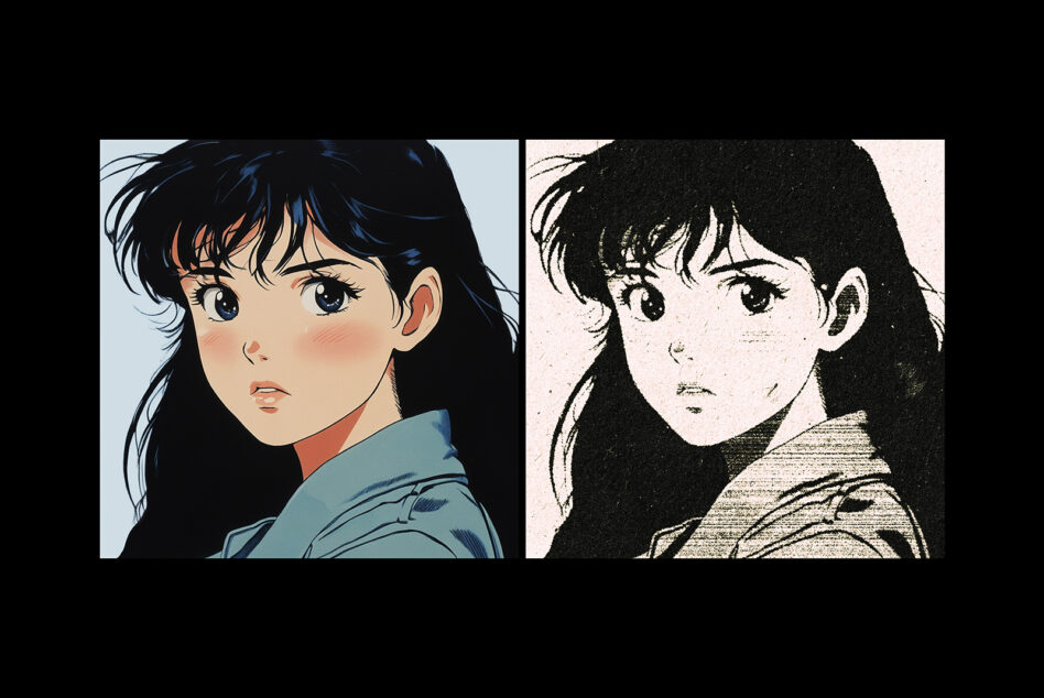 Before after comparison colored anime portrait next to grayscale halftone version