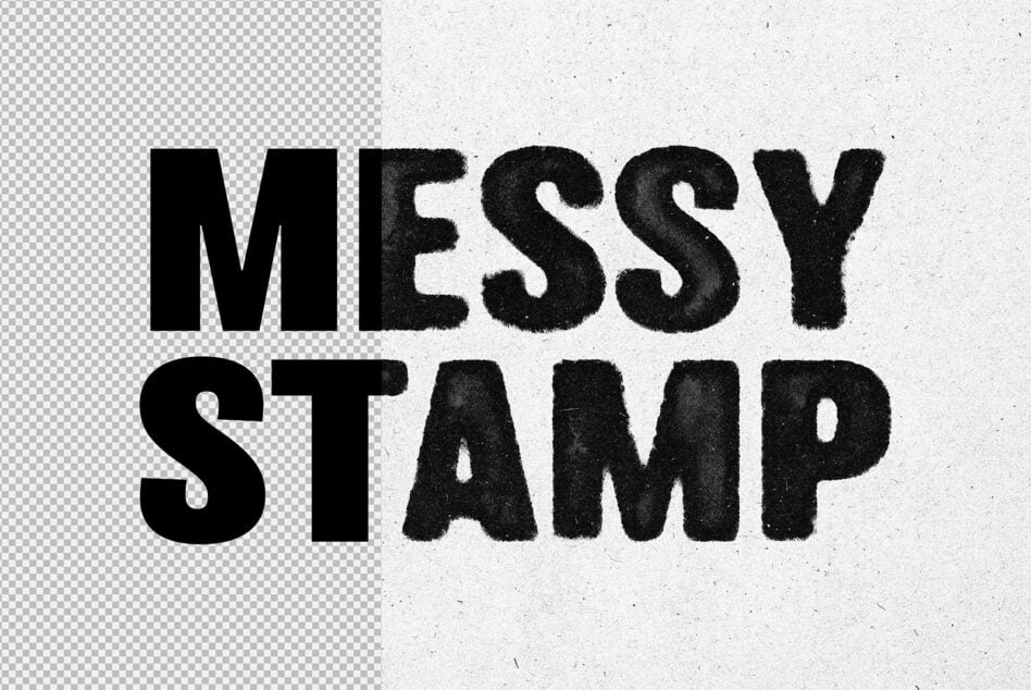 Mixed smooth solid black letters spelling MESSY STAMP with half transparent checkerboard background