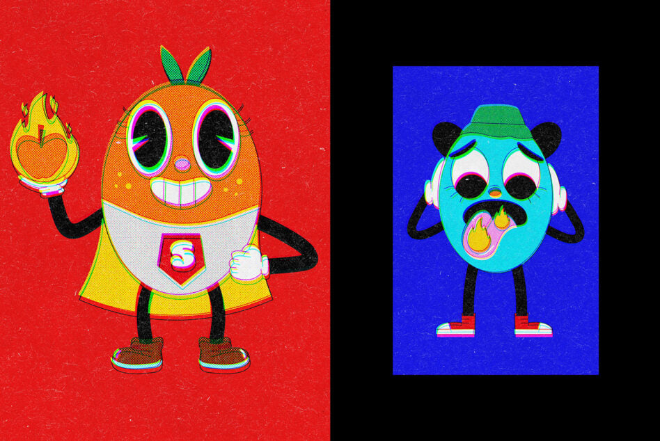 Two vibrant cartoon characters with big eyes on split red blue background