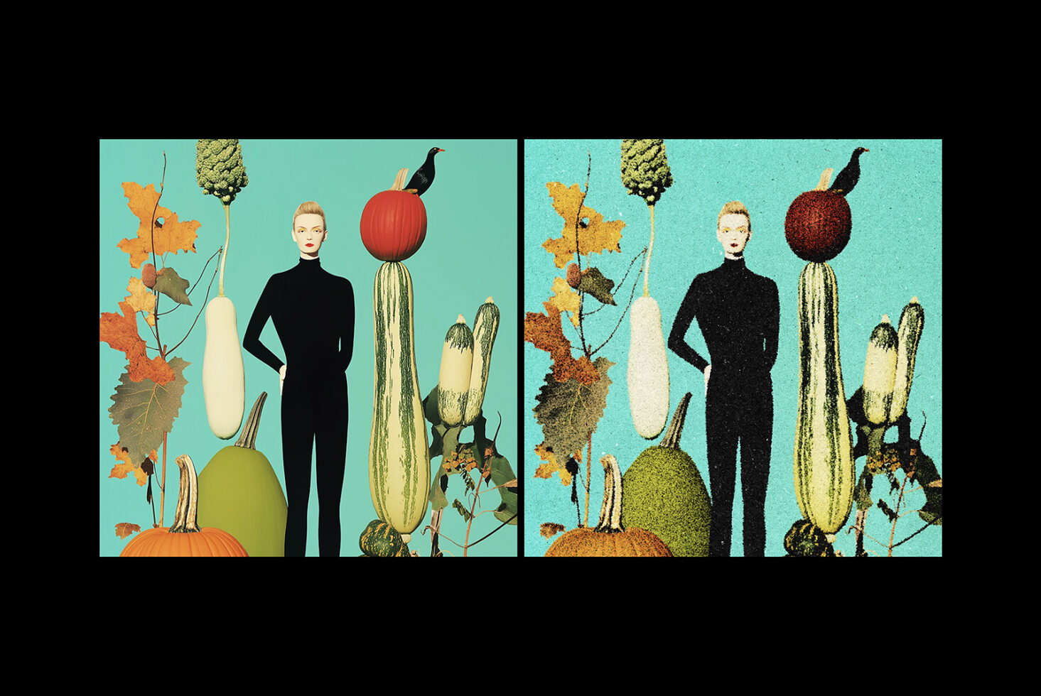 Woman in black turtleneck posed with vegetables bird produce on turquoise background diptych