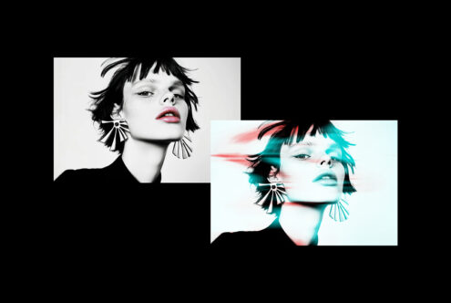 Stylish portrait collage featuring a woman with artistic flair emphasizing digital retouching and modern fashion. Suitable for graphics or mockup use.