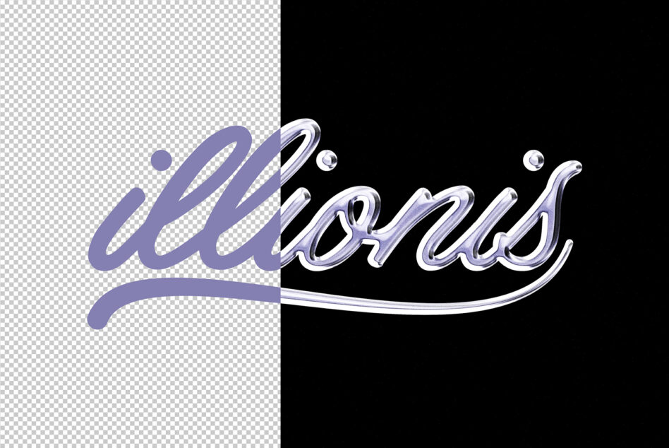 Purple chrome script text split between transparent plus black backdrop