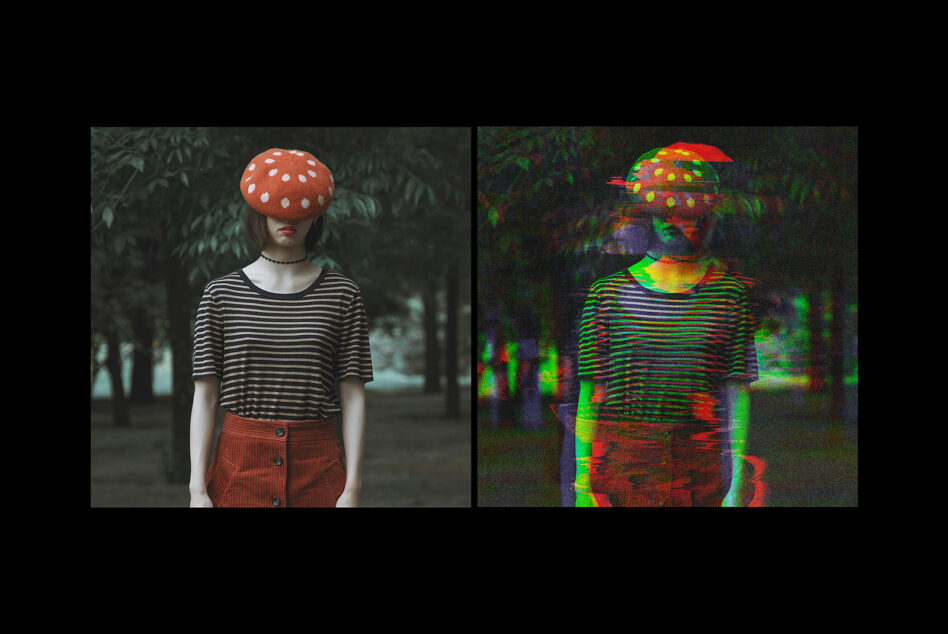 Before after glitch effect applied to portrait photo with mushroom hat