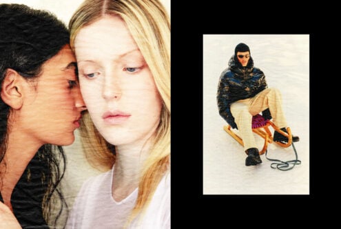 Two women in close conversation on left. Person on sled in winter attire on right. Vibrant colors, textured effect. Perfect for creative graphic design.