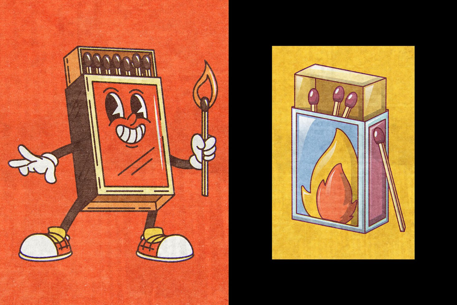 Vintage cartoon-style matchbox character with smiling face and burning match illustration on colorful textured background. Retro graphics asset.