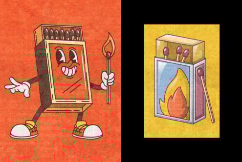 Vintage cartoon-style matchbox character with smiling face and burning match illustration on colorful textured background. Retro graphics asset.