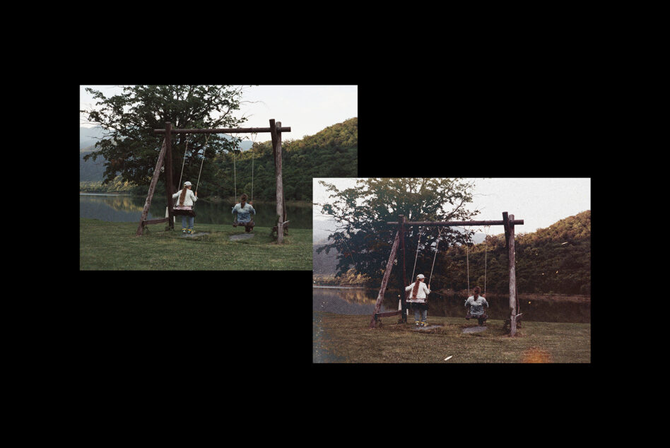 Two overlapping photos of kids on rope swings by river with forested hills