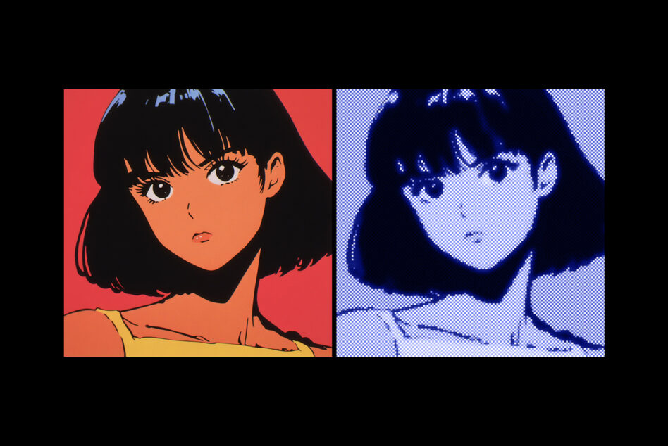 Anime girl portrait in red-orange on left, same in blue pixelated on right