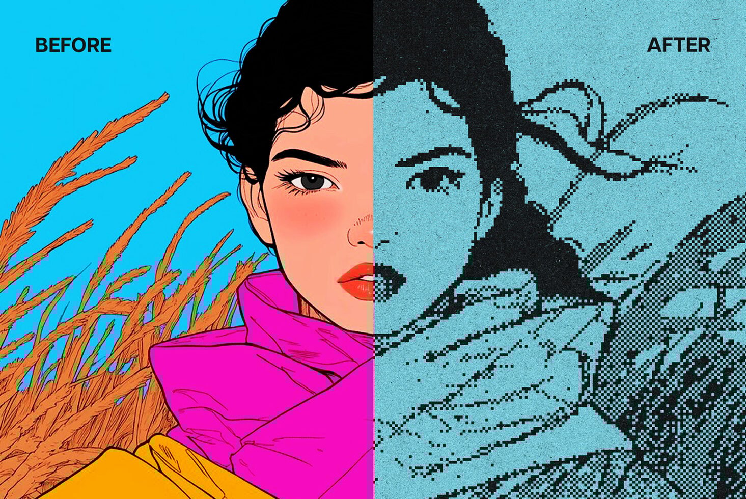 Digital illustration showing before and after effects. Left vibrant portrait, right pixelated version. Keywords: graphic template, designer asset, mockup.