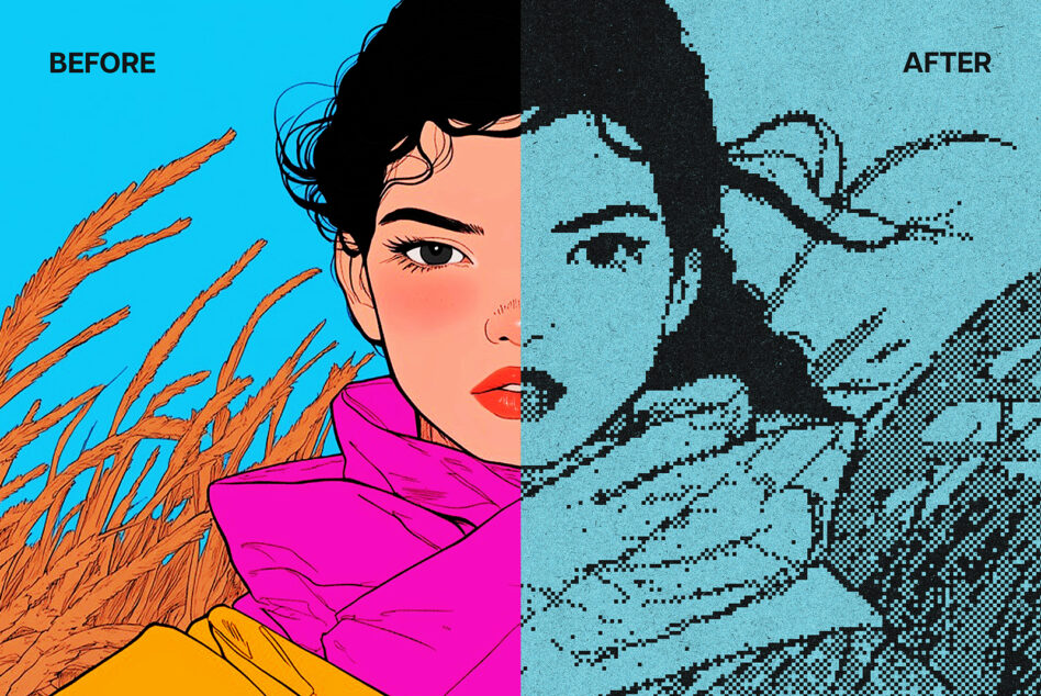 Digital illustration showing before and after effects. Left vibrant portrait, right pixelated version. Keywords: graphic template, designer asset, mockup.