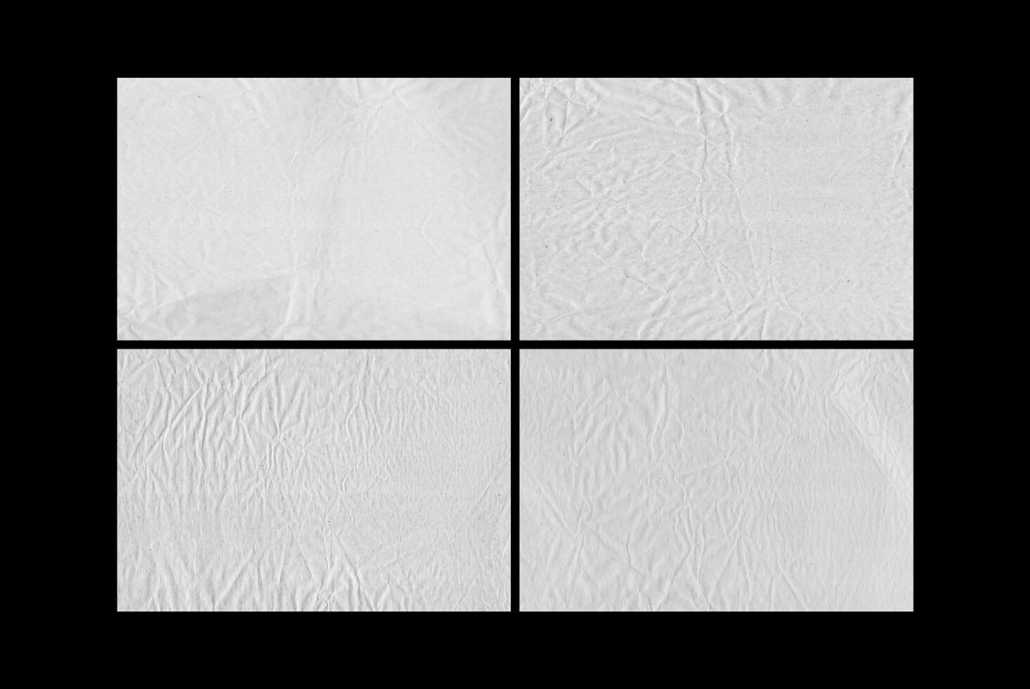 Four high-resolution wrinkled paper textures in a grid layout ideal for digital assets used by designers in mockups and graphic design projects.