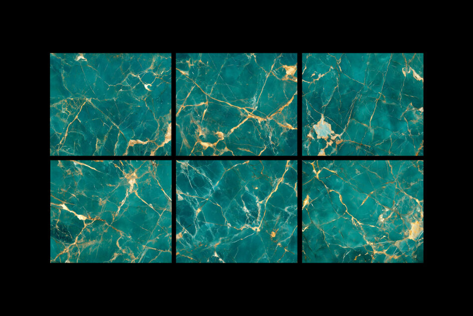 Grid of six teal marble textures with gold cracks in varying patterns