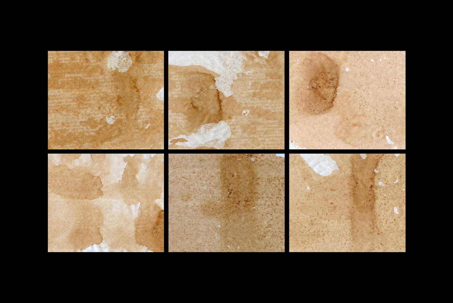 Collection of six coffee-stained textures with brown and white patterns ideal for graphic designers use in vintage backgrounds and artistic mockups