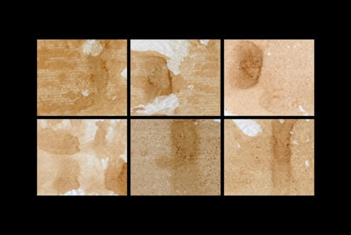 Collection of six coffee-stained textures with brown and white patterns ideal for graphic designers use in vintage backgrounds and artistic mockups