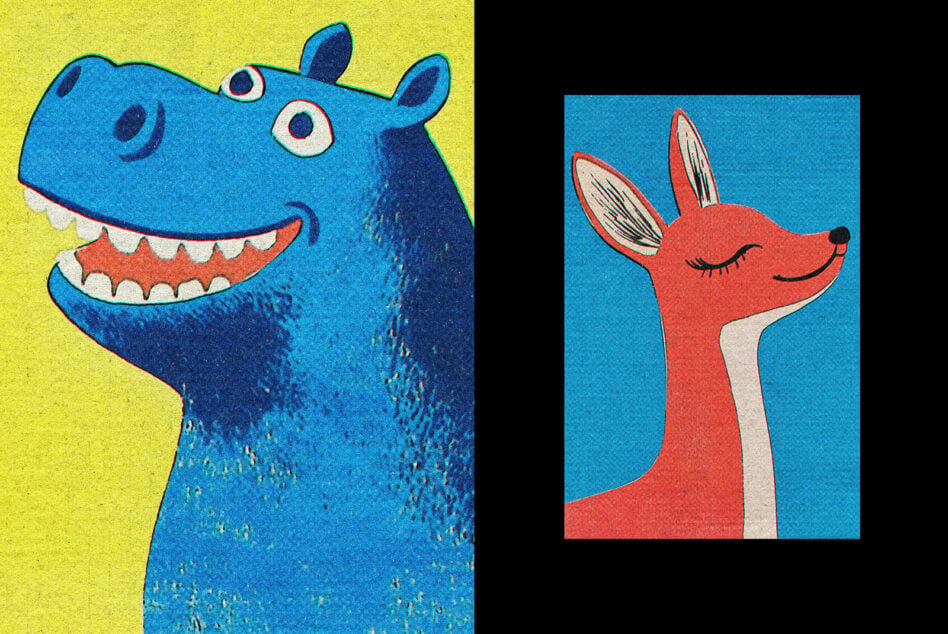 Smiling blue hippo on left, red deer with closed eyes on right