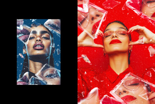 Bold modern fashion photoshoot featuring a woman with red lipstick, shattered glass, vibrant colors. Perfect for edgy graphic design projects and templates.