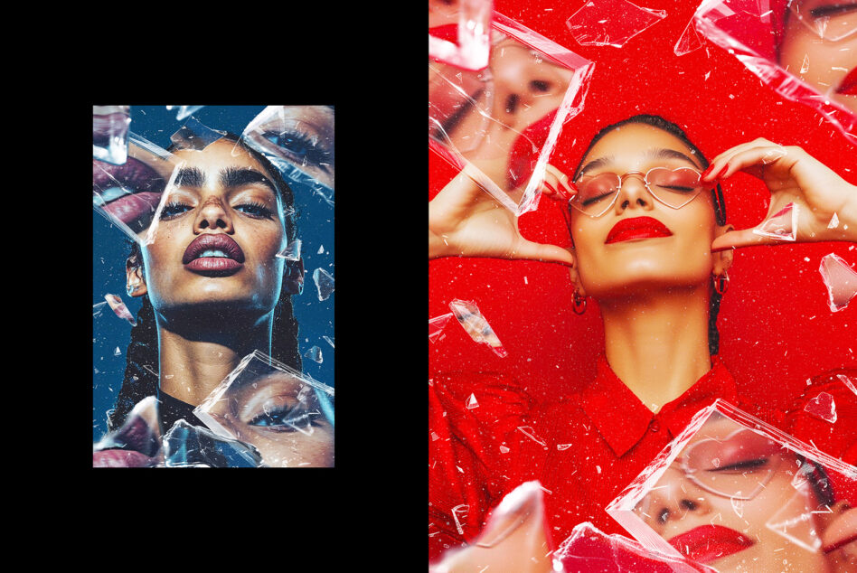 Two split portraits: person with purple lips on teal, person in sunglasses on red with glass fragments overlay