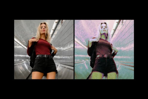 Dual portrait of a woman in an urban environment: original and digital glitch effect. Ideal for graphics or design templates. Modern, creative, unique.