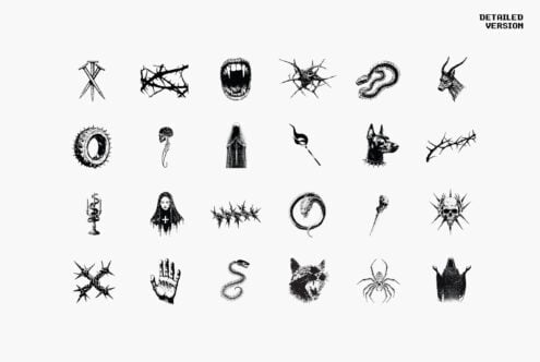 Twenty-five detailed black and white gothic graphics featuring skulls, thorns, animals, and mystical elements suitable for templates and design resources.