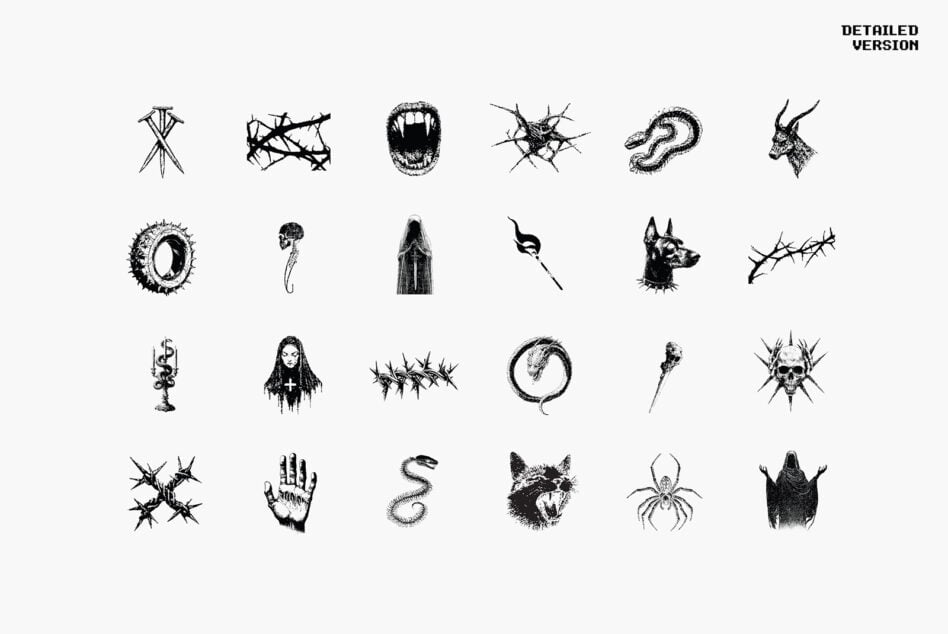 Twenty-five detailed black and white gothic graphics featuring skulls, thorns, animals, and mystical elements suitable for templates and design resources.