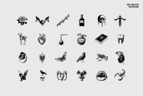 Collection of detailed dark-themed graphic illustrations featuring various vintage-style elements like animals objects and symbols perfect for designers