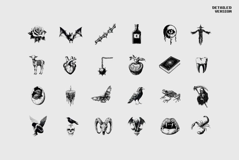 Collection of detailed dark-themed graphic illustrations featuring various vintage-style elements like animals objects and symbols perfect for designers