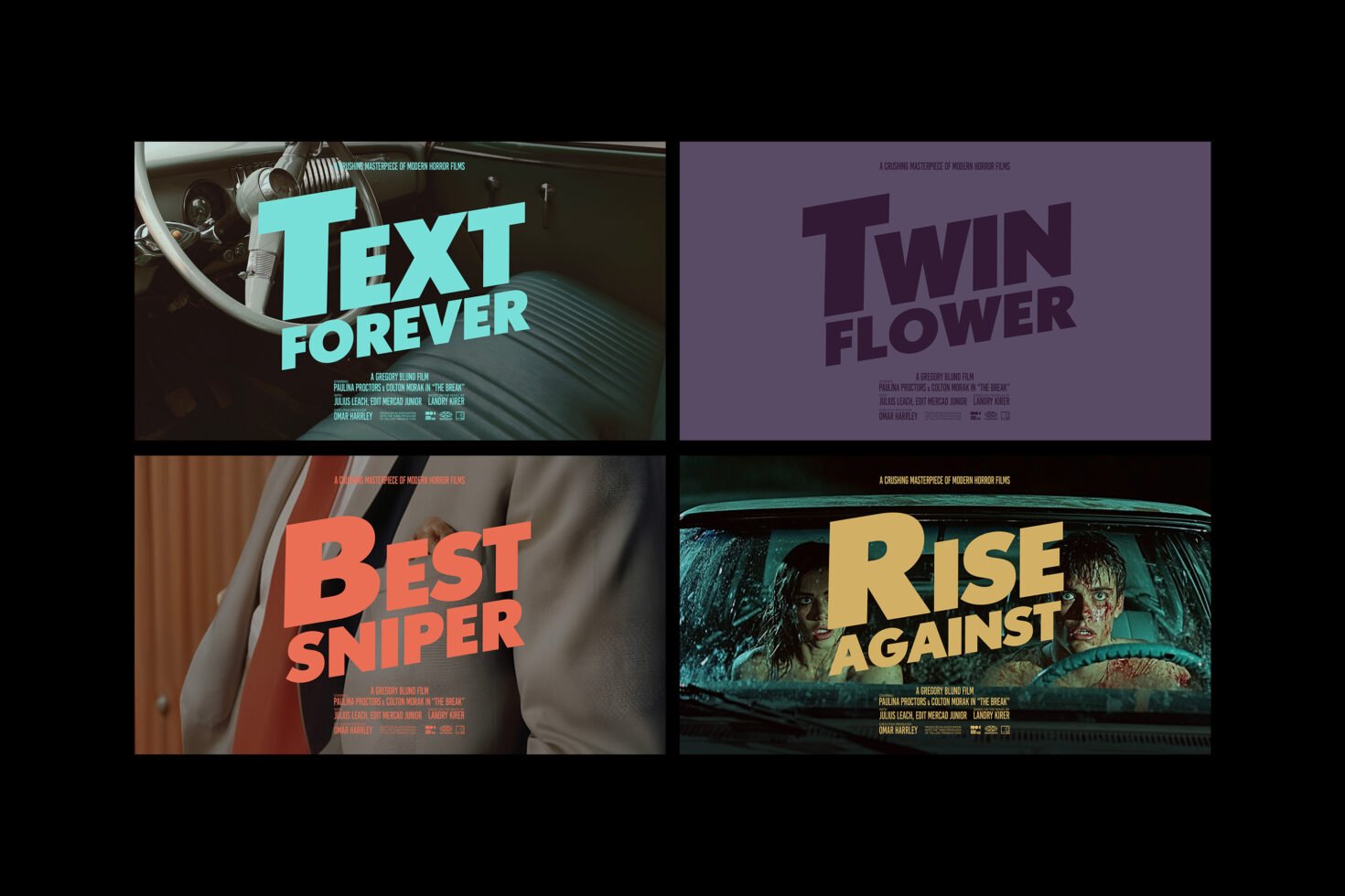 Vintage cinema posters in bold movie title style font perfect for graphic designers. Includes Text Forever Twin Flower Best Sniper and Rise Against.