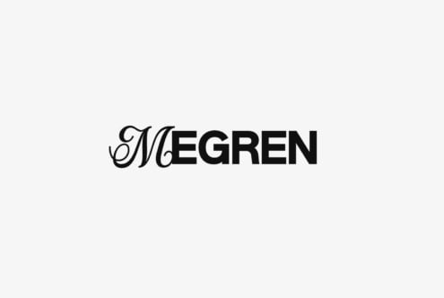 Elegant font logo text MEGREN on a white background showcasing a mix of serif and sans-serif typographic styles. Ideal for graphic design templates.