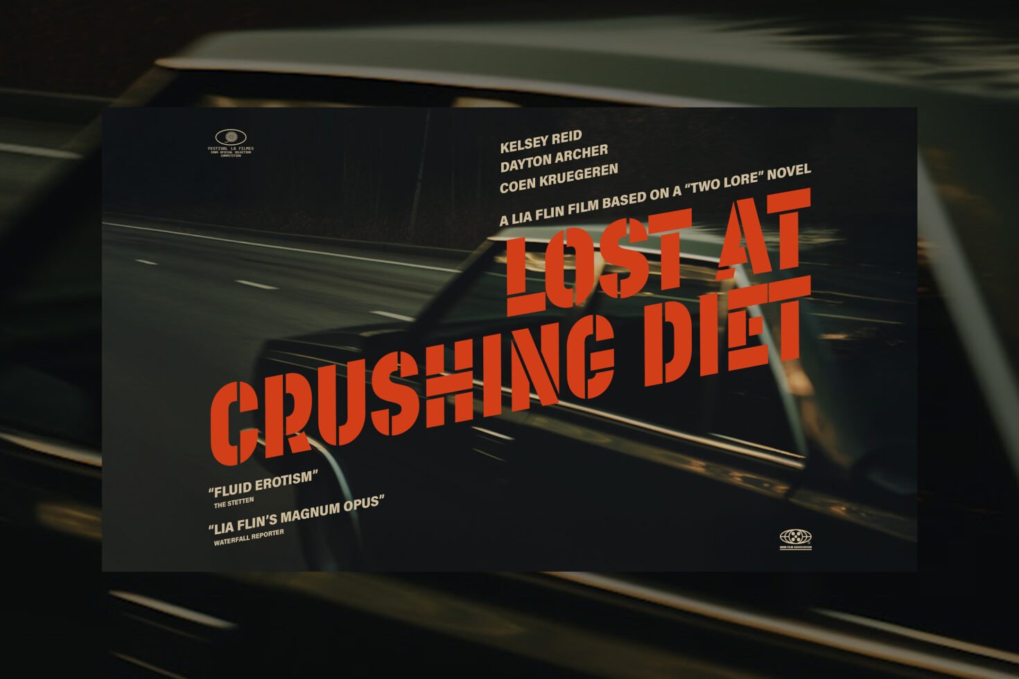 Retro film poster design with bold orange text Lost at Crushing Diet over dark car background. Ideal for designers needing vintage graphics templates.