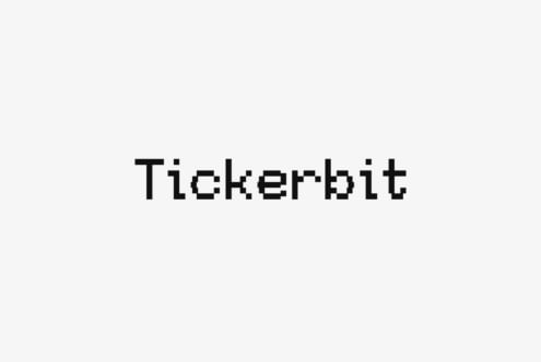 Pixelated digital font reading Tickerbit displayed on a light background ideal for retro-style design projects and typography enthusiasts.