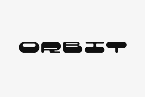 Retro futuristic font design spelling Orbit in bold black on white background suitable for digital assets designers category Fonts typography graphic design