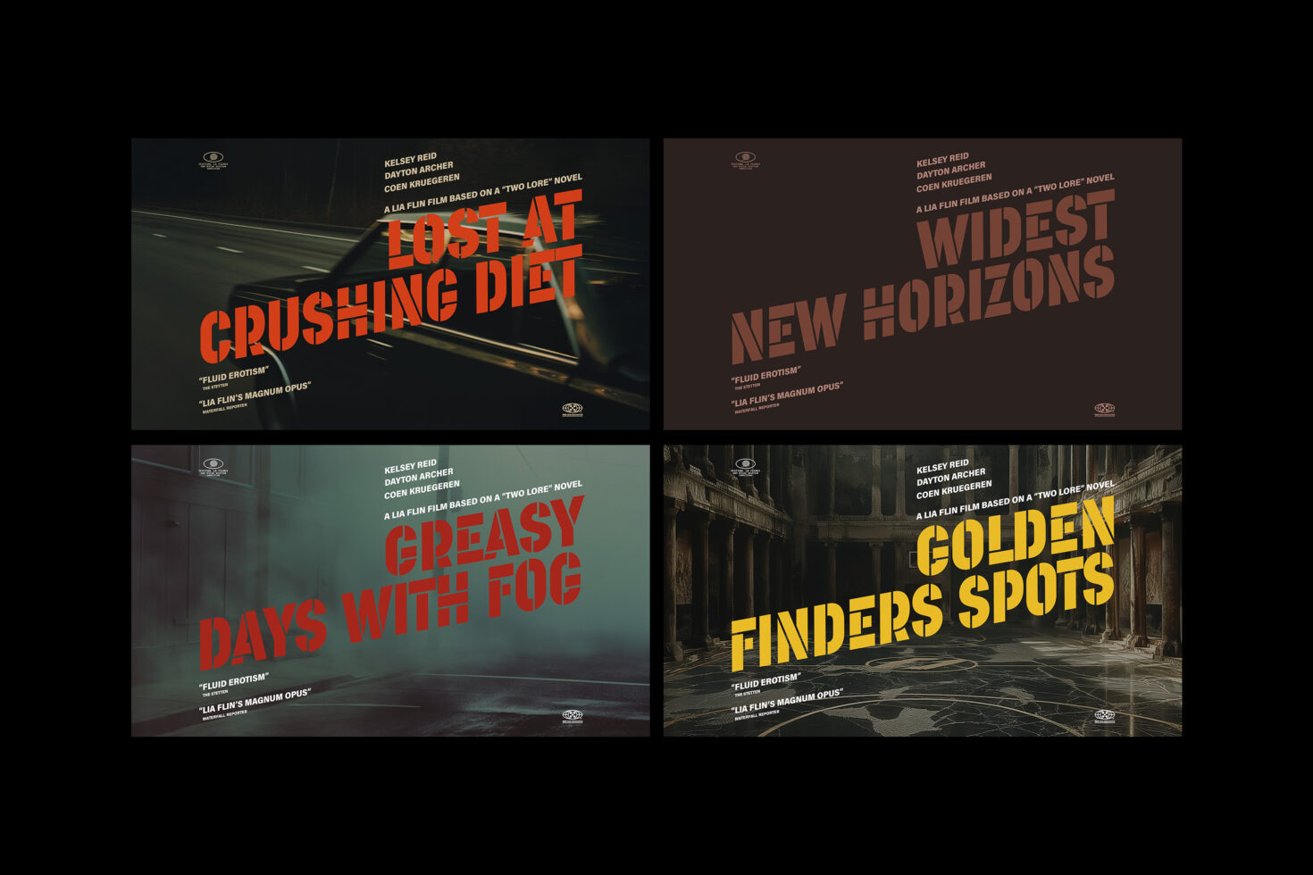 Four cinematic posters showcasing bold typography design. Keywords: cinematic posters, bold typography, graphic design, templates, designer assets.